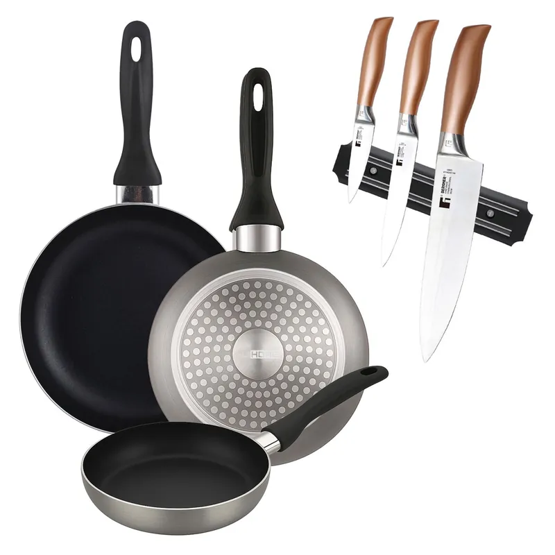 Well Home Set de 3 Sartenes Ø16Ø20Ø24cm de Aluminio prensado en Gris metalizado+Set de 3 Cuchillos en acero inoxidable con Soporte magnético de pared - Cocina