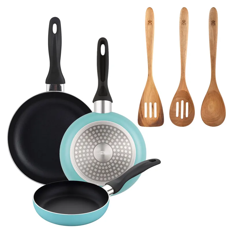 Well Home Set de 3 Sartenes Ø16Ø20Ø24cm de Aluminio prensado en Azul mate+Set 3pcs utensilios de cocina acacia