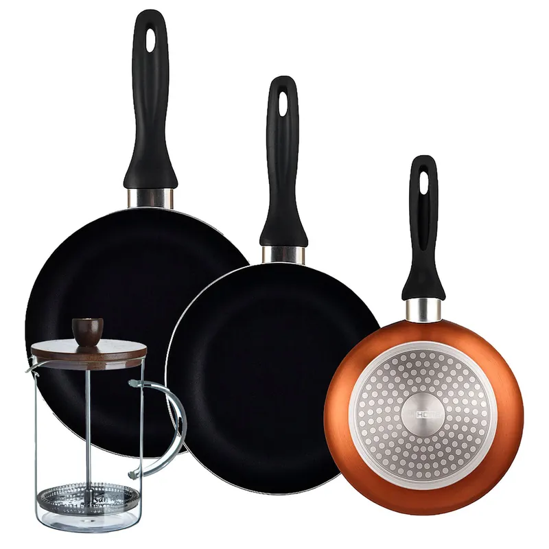 Well Home Set de 3 Sartenes Ø16Ø20Ø24cm de Aluminio prensado en Bronce metalizado+Cafetera de émbolo de vidrio borosilicato 15,8x10x18,8cm - Cocina