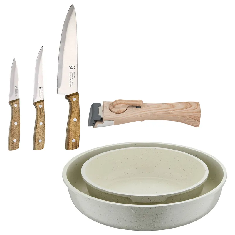 Bergner Click&Cook Juego de 2 Sartenes Ø22Ø26cm Aluminio fundido Blanco con Mango desmontable+Set de 3 cuchillos de acero inoxidable para cocina
