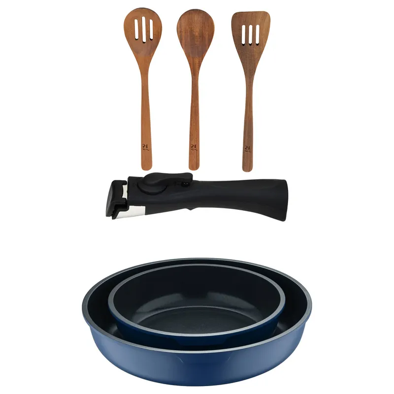 Bergner Click&Cook Juego de 2 Sartenes Ø22Ø26cm Aluminio fundido Azul con Mango desmontable+Set 3pc utensilios cocina madera acacia