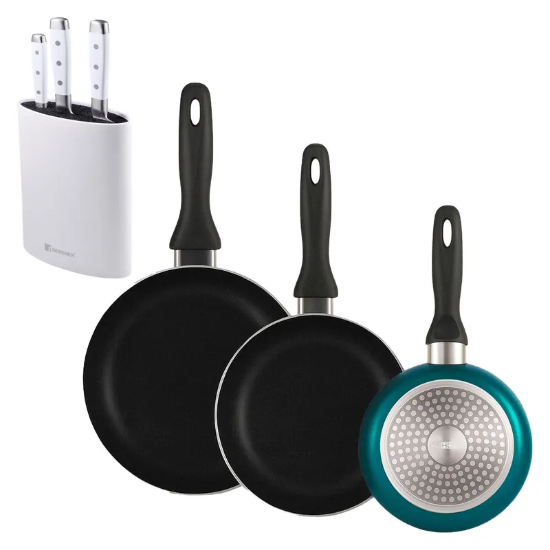 Well Home Set de 3 Sartenes Ø16Ø20Ø24cm de Aluminio prensado en Azul metalizado+Juego de 3 Cuchillos de acero inoxidable + Tacoma en color Blanco - Cocina