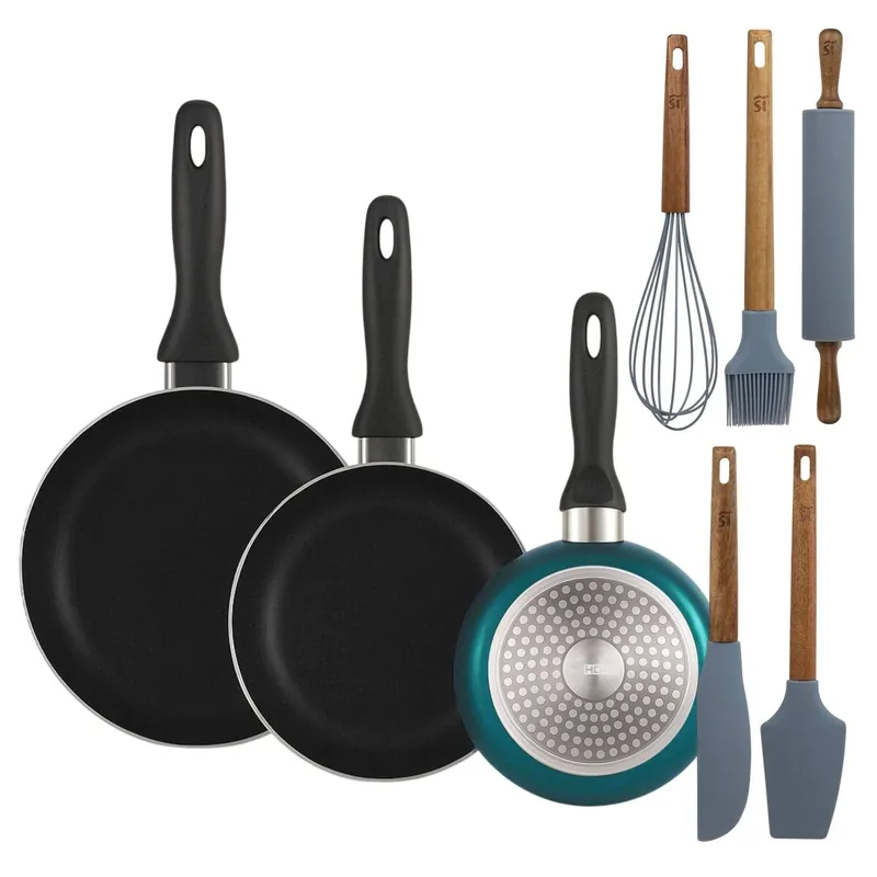 Well Home Set de 3 Sartenes Ø16Ø20Ø24cm de Aluminio prensado en Azul metalizado+Set de 5 Utensilios de Cocina de Silicona y Madera de Acacia
