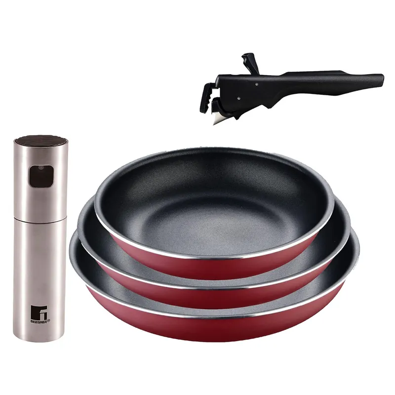 Bergner Click&Cook juego de 3 Sartenes Ø18Ø20Ø24cm Aluminio prensado rojo con Mango extraíble+Pulverizador de Aceite y vinagre en acero inoxidable - Cocina