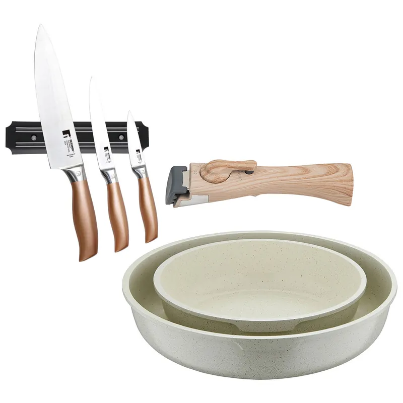 Bergner Click&Cook Juego de 2 Sartenes Ø22Ø26cm Aluminio fundido Blanco con Mango desmontable+Set de 3 Cuchillos con Soporte magnético - Cocina