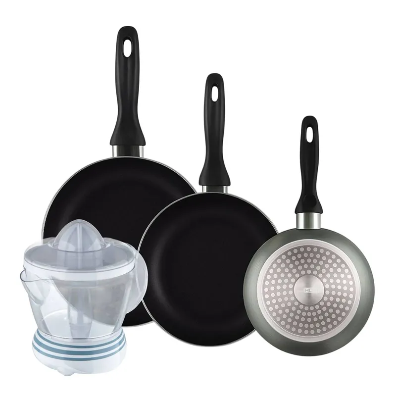 Well Home Set de 3 Sartenes Ø16Ø20Ø24cm de Aluminio prensado en Gris metalizado+Exprimidor de 40W de Potencia - Capacidad de 1.2 Litros