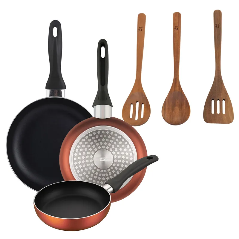 Well Home Set de 3 Sartenes Ø16Ø20Ø24cm de Aluminio prensado en Cobre metalizado+Set 3pc utensilios cocina madera acacia