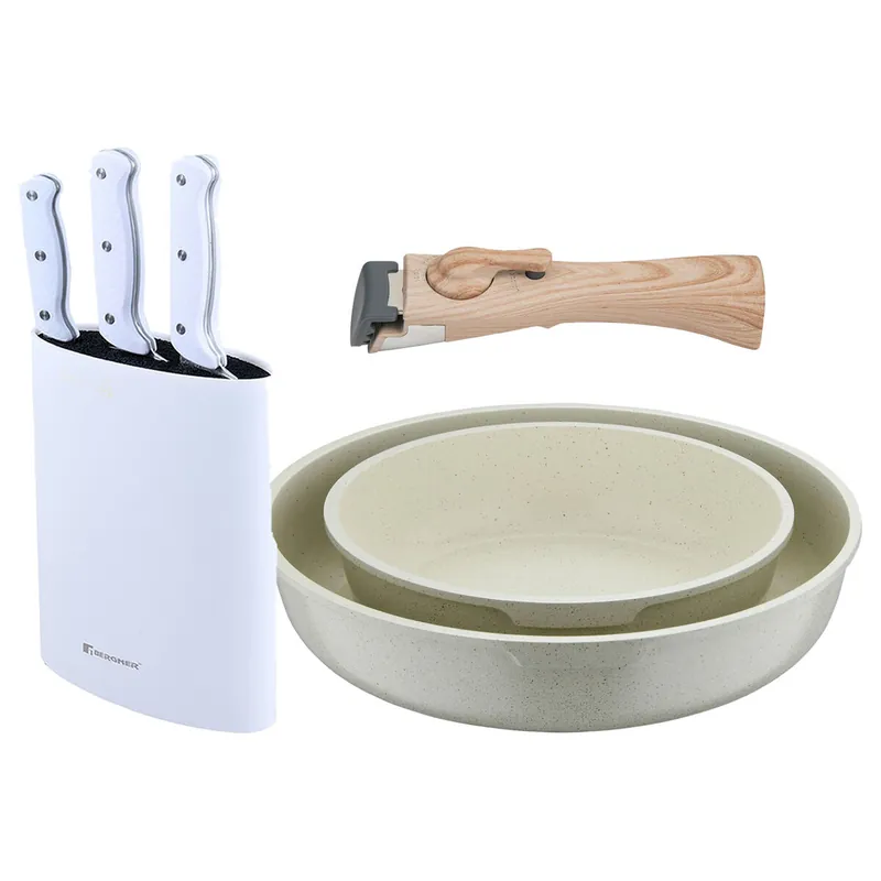 Bergner Click&Cook Juego de 2 Sartenes Ø22Ø26cm Aluminio fundido Blanco con Mango desmontable+Set de 3 Cuchillos con Tacoma en Acero inoxidable - Cocina