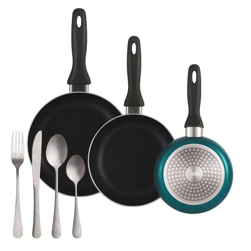 Well Home Set de 3 Sartenes Ø16Ø20Ø24cm de Aluminio prensado en Azul metalizado+Set de 16 Cubiertos en Acero Inoxidable - Cocina