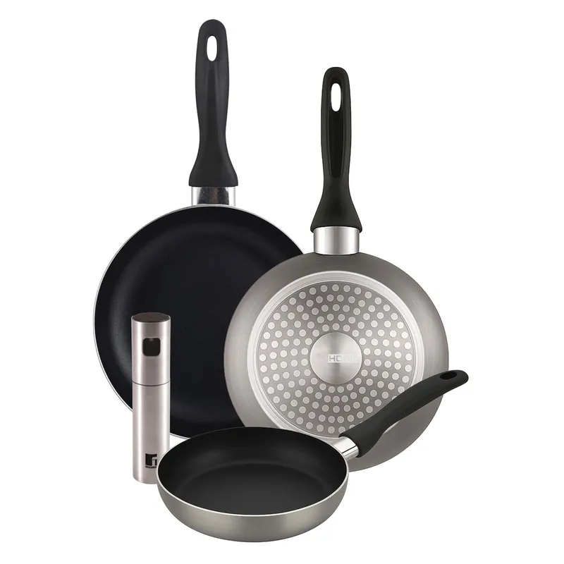 Well Home Set de 3 Sartenes Ø16Ø20Ø24cm de Aluminio prensado en Gris metalizado+Pulverizador de Aceite y vinagre Ø4x17,5cm en acero inoxidable - Cocina