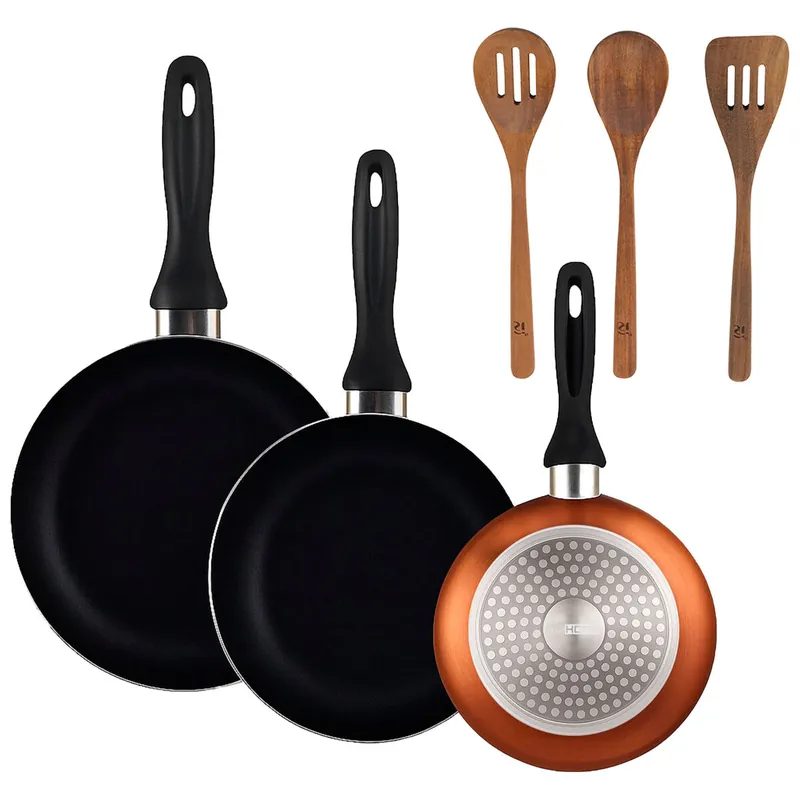 Well Home Set de 3 Sartenes Ø16Ø20Ø24cm de Aluminio prensado en Bronce metalizado+Set 3pc utensilios cocina madera acacia