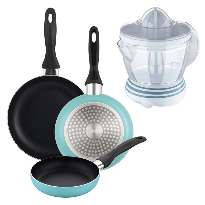 Well Home Set de 3 Sartenes Ø16Ø20Ø24cm de Aluminio prensado en Azul mate+Exprimidor de 40W de Potencia - Capacidad de 1.2 Litros
