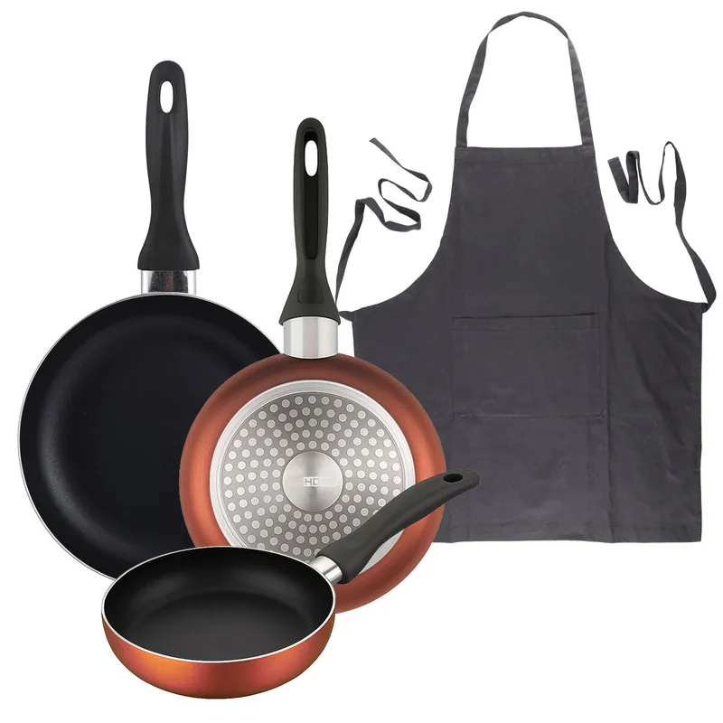 Well Home Set de 3 Sartenes Ø16Ø20Ø24cm de Aluminio prensado en Cobre metalizado+Delantal de Cocina Gris oscuro 100% Algodón 75x80cm