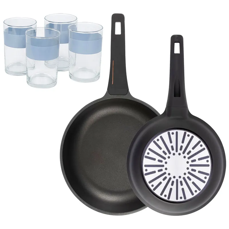 Bergner Juego de 2 Sartenes Ø24Ø28cm en aluminio fundido con mango de baquelita+Juego de 4 Vasos de 0,5L - Cocina