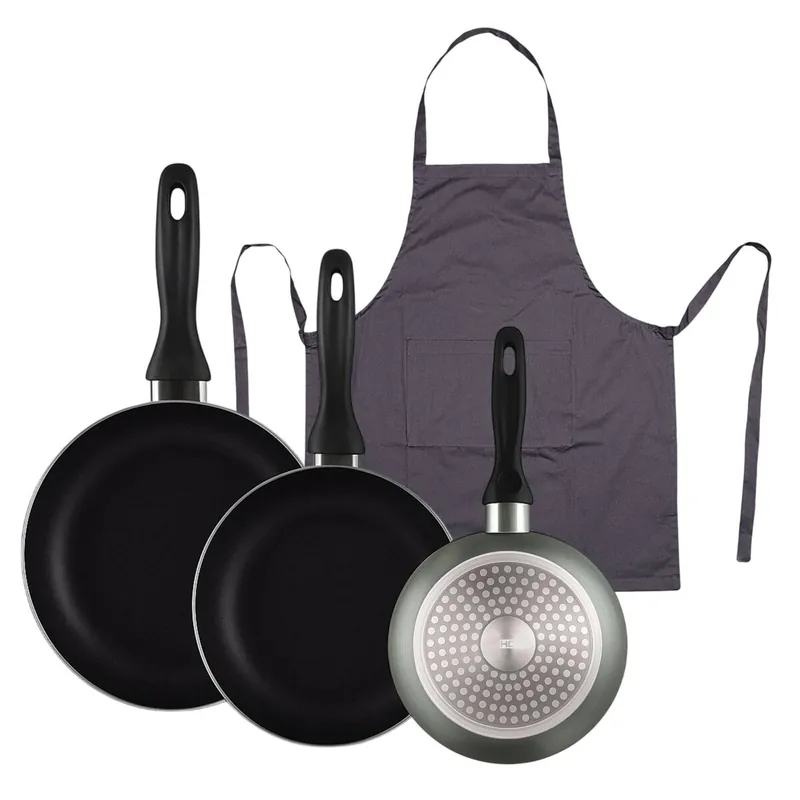 Well Home Set de 3 Sartenes Ø16Ø20Ø24cm de Aluminio prensado en Gris metalizado+Delantal de Cocina Gris oscuro 100% Algodón 75x80cm