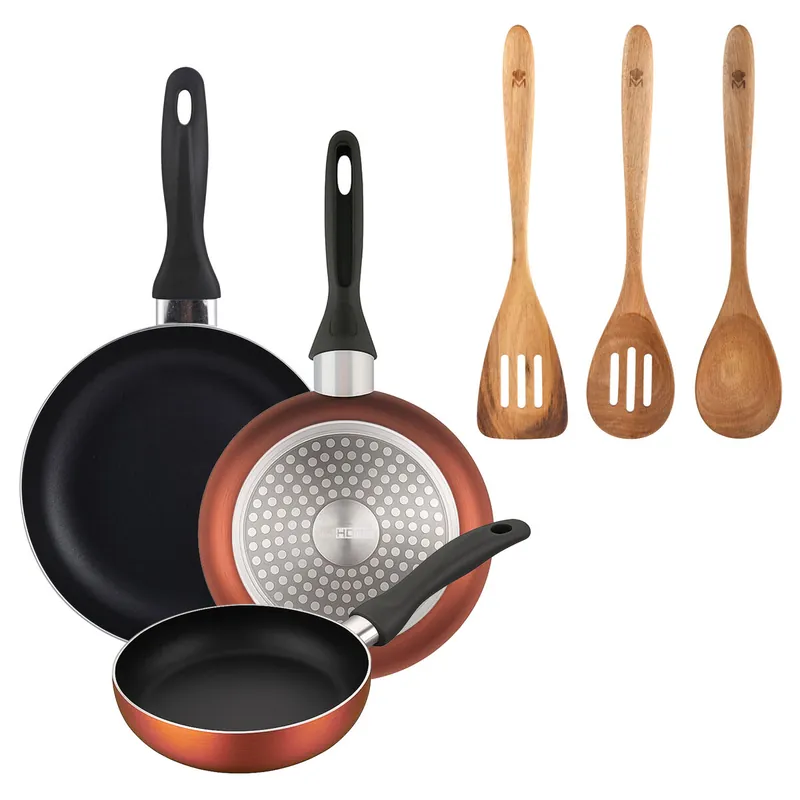 Well Home Set de 3 Sartenes Ø16Ø20Ø24cm de Aluminio prensado en Cobre metalizado+Set 3pcs utensilios de cocina acacia