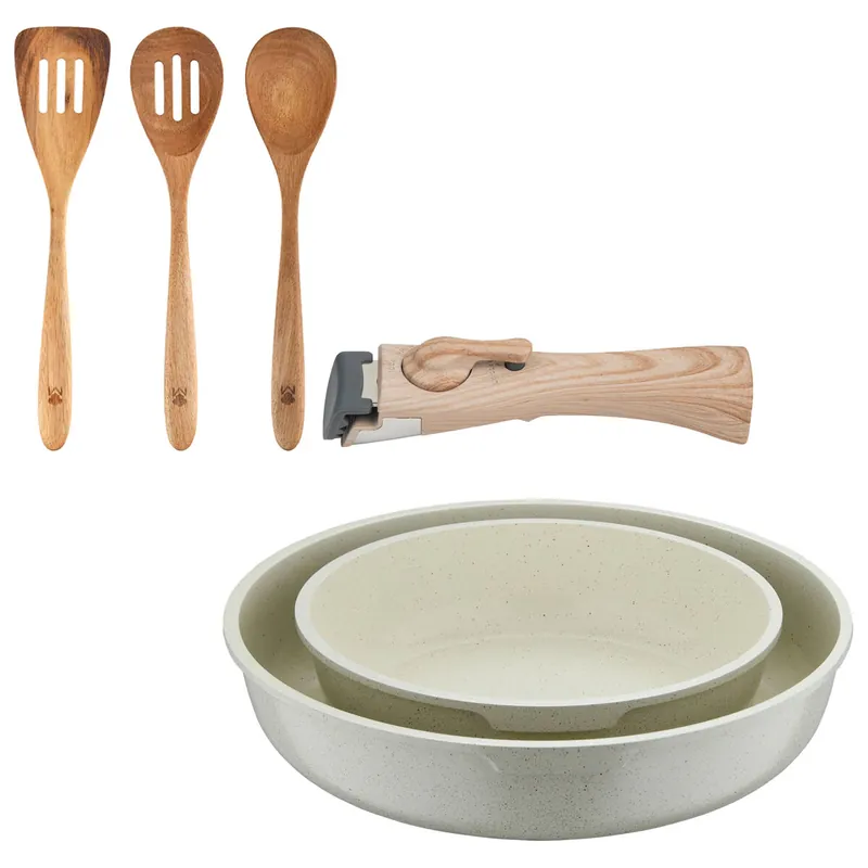 Bergner Click&Cook Juego de 2 Sartenes Ø22Ø26cm Aluminio fundido Blanco con Mango desmontable+Set 3pcs utensilios de cocina acacia
