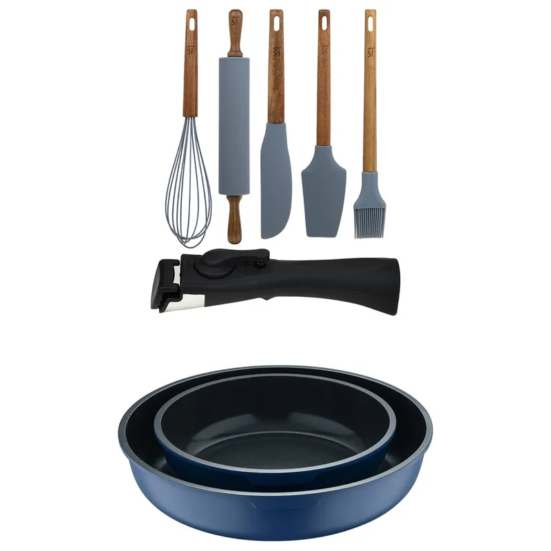 Bergner Click&Cook Juego de 2 Sartenes Ø22Ø26cm Aluminio fundido Azul con Mango desmontable+Set de 5 Utensilios de Cocina de Silicona y Madera
