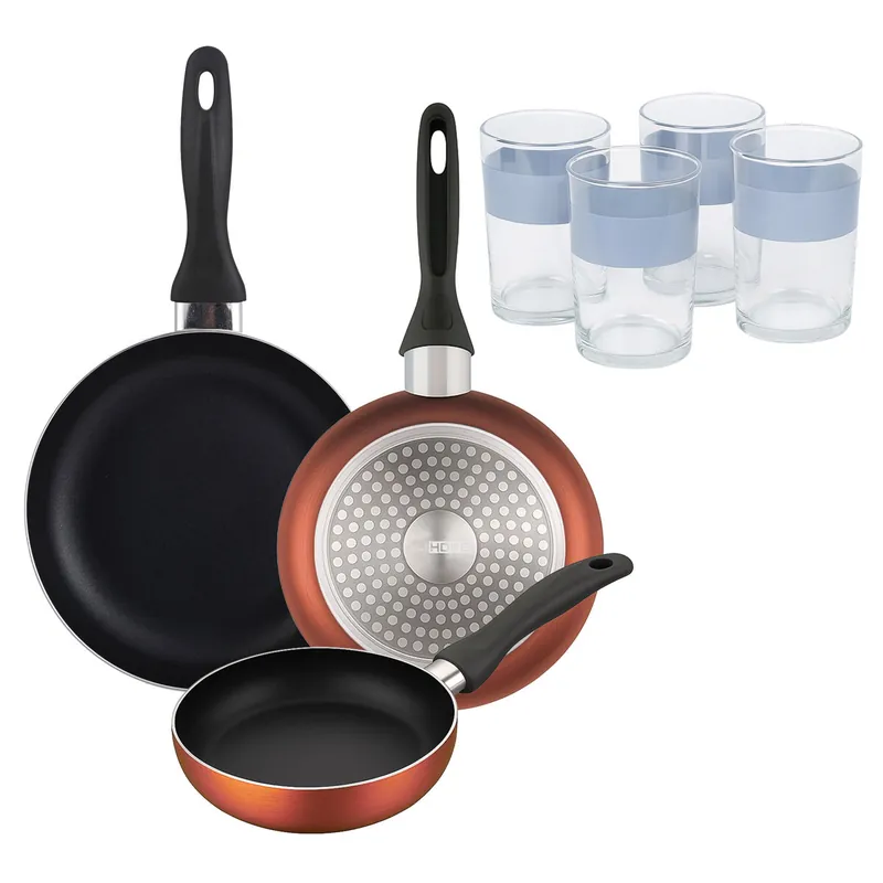 Well Home Set de 3 Sartenes Ø16Ø20Ø24cm de Aluminio prensado en Cobre metalizado+Juego de 4 Vasos de 0,5L - Cocina