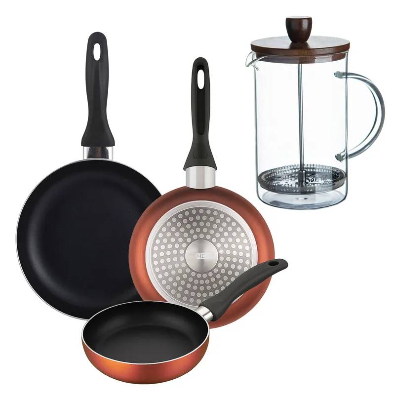 Well Home Set de 3 Sartenes Ø16Ø20Ø24cm de Aluminio prensado en Cobre metalizado+Cafetera de émbolo de vidrio borosilicato 15,8x10x18,8cm - Cocina