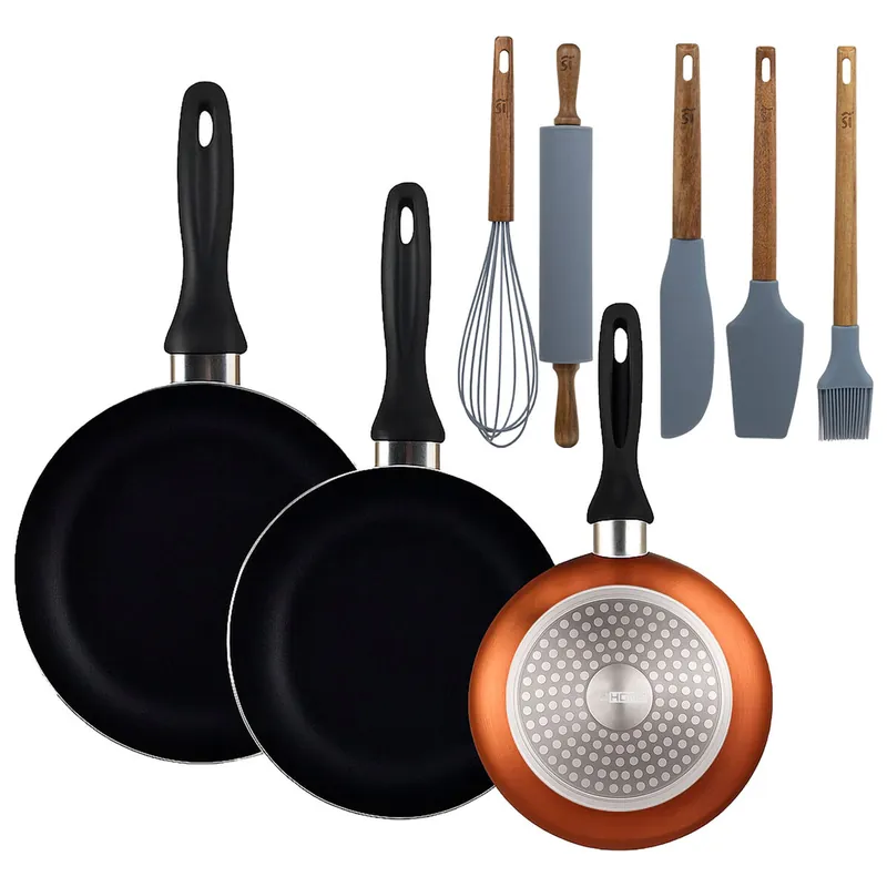 Well Home Set de 3 Sartenes Ø16Ø20Ø24cm de Aluminio prensado en Bronce metalizado+Set de 5 Utensilios de Cocina de Silicona y Madera de Acacia