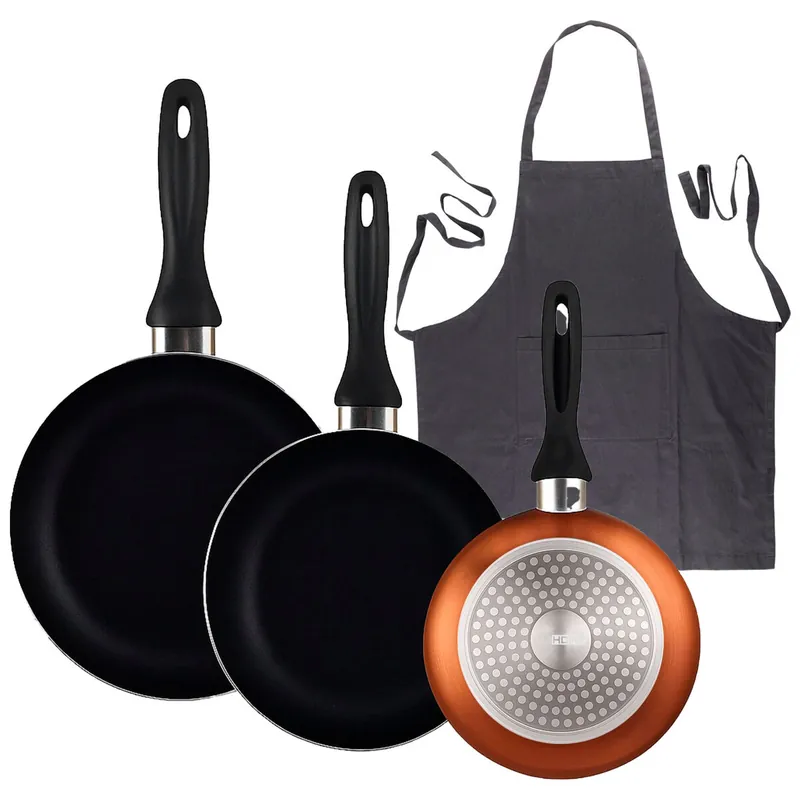Well Home Set de 3 Sartenes Ø16Ø20Ø24cm de Aluminio prensado en Bronce metalizado+Delantal de Cocina Gris oscuro 100% Algodón 75x80cm
