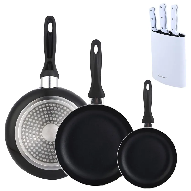 Set 3 sartenes Wellhome 16/20/24 aluminio prensado+Set de 3 Cuchillos con Tacoma en Acero inoxidable - Cocina