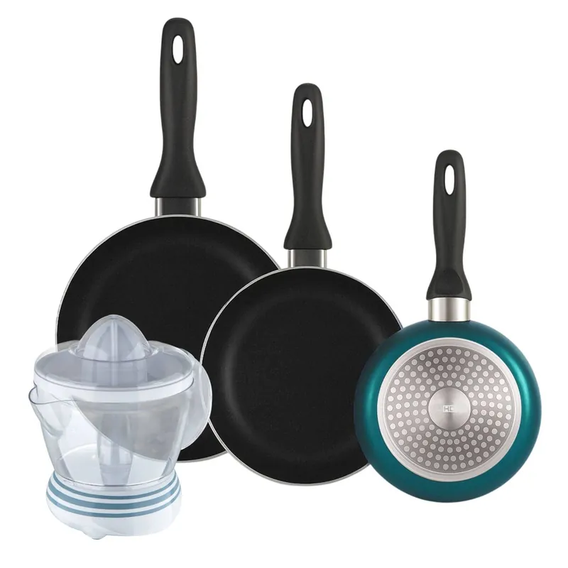 Well Home Set de 3 Sartenes Ø16Ø20Ø24cm de Aluminio prensado en Azul metalizado+Exprimidor de 40W de Potencia - Capacidad de 1.2 Litros