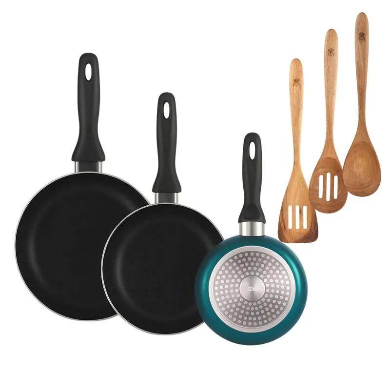 Well Home Set de 3 Sartenes Ø16Ø20Ø24cm de Aluminio prensado en Azul metalizado+Set 3pcs utensilios de cocina acacia