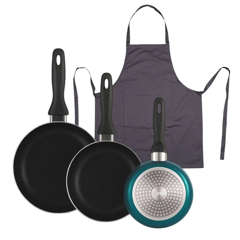 Well Home Set de 3 Sartenes Ø16Ø20Ø24cm de Aluminio prensado en Azul metalizado+Delantal de Cocina Gris oscuro 100% Algodón 75x80cm