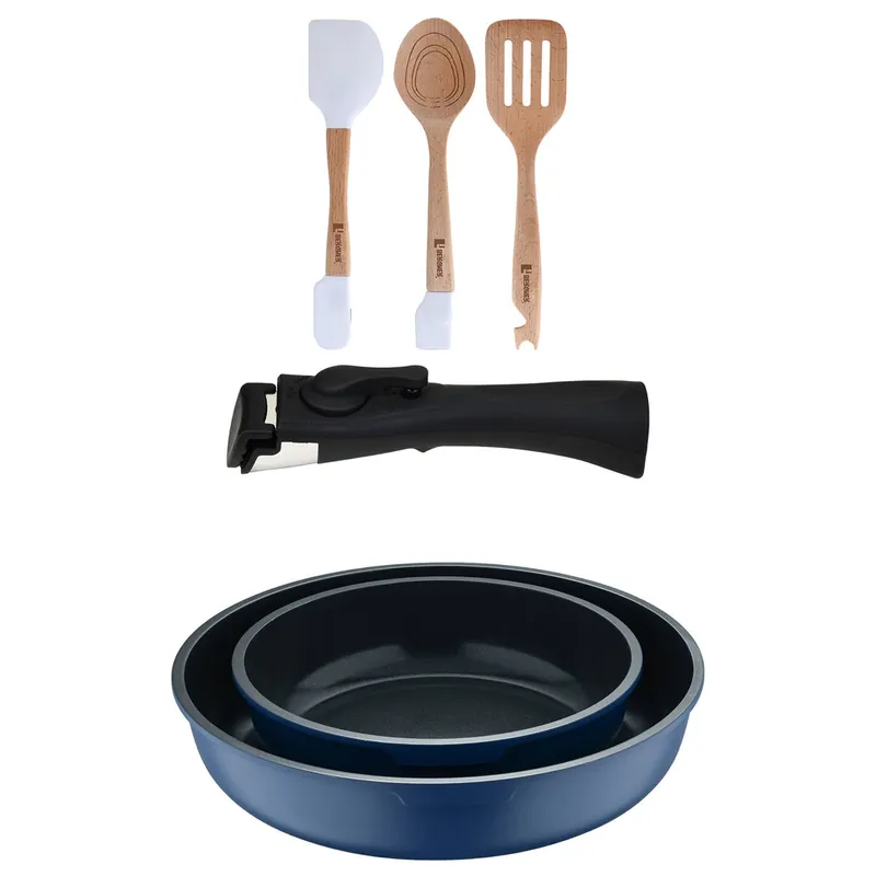Bergner Click&Cook Juego de 2 Sartenes Ø22Ø26cm Aluminio fundido Azul con Mango desmontable+Juego de 3 Utensilios de cocina en silicona y madera