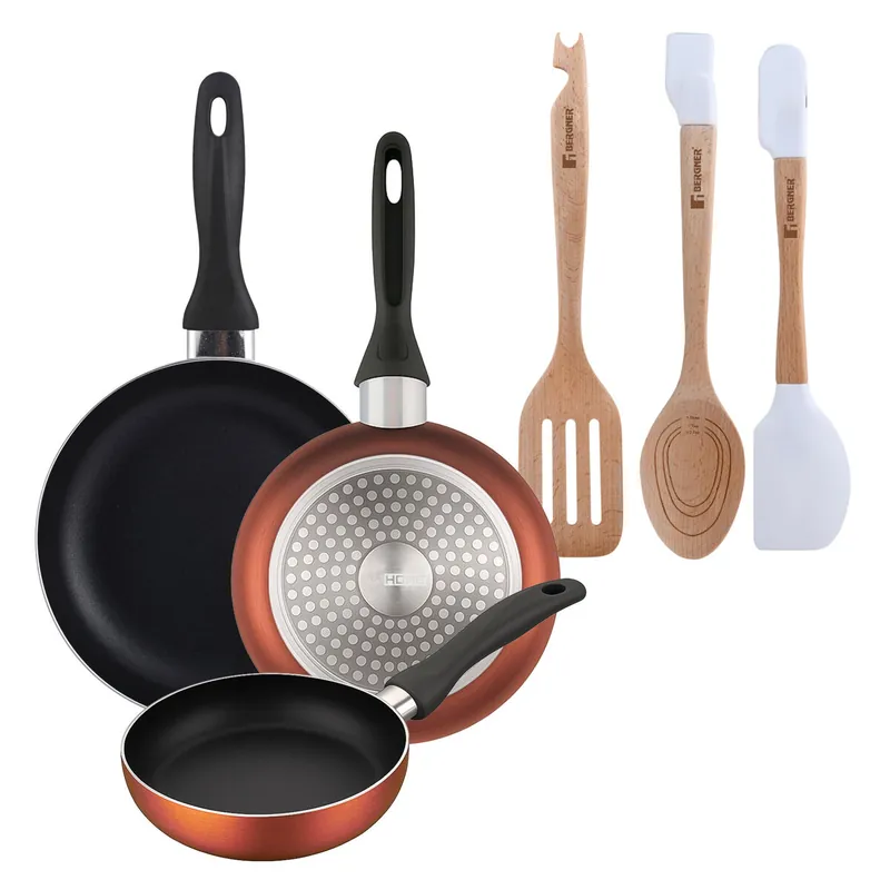 Well Home Set de 3 Sartenes Ø16Ø20Ø24cm de Aluminio prensado en Cobre metalizado+Juego de 3 Utensilios de cocina en silicona y madera