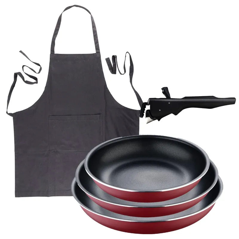 Bergner Click&Cook juego de 3 Sartenes Ø18Ø20Ø24cm Aluminio prensado rojo con Mango extraíble+Delantal de Cocina Gris oscuro 100% Algodón 75x80cm