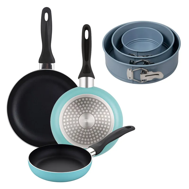 Well Home Set de 3 Sartenes Ø16Ø20Ø24cm de Aluminio prensado en Azul mate+Juego de 3 moldes de horno redondos Ø12Ø18Ø22cm - Cocina