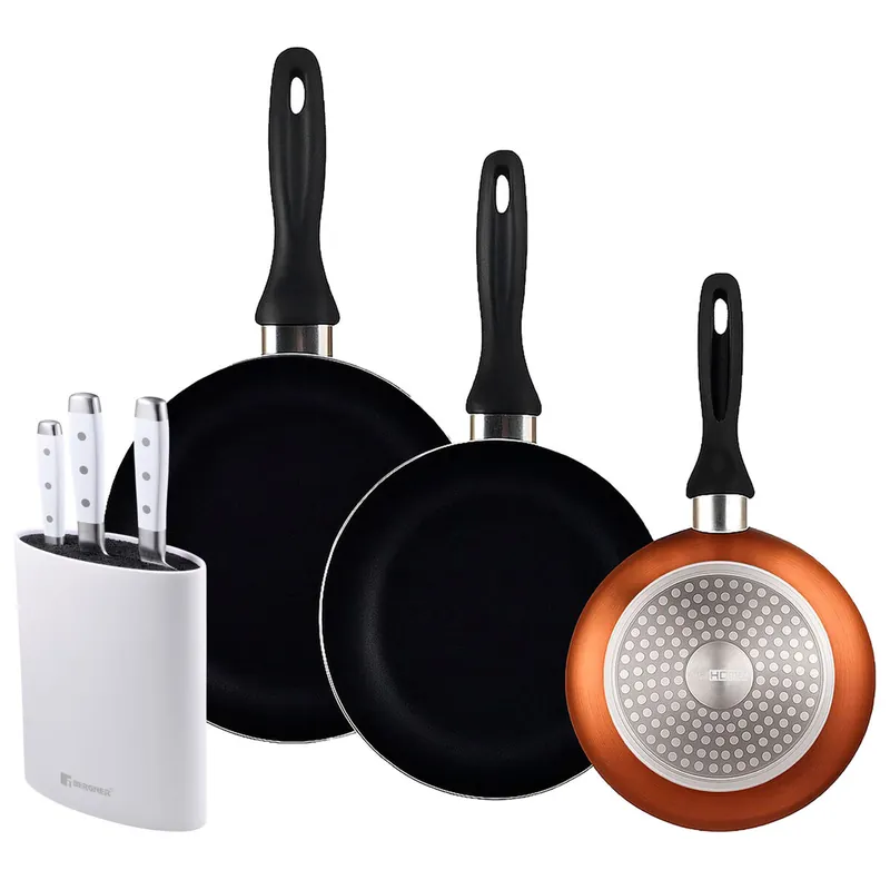 Well Home Set de 3 Sartenes Ø16Ø20Ø24cm de Aluminio prensado en Bronce metalizado+Juego de 3 Cuchillos de acero inoxidable + Tacoma en color Blanco - Cocina