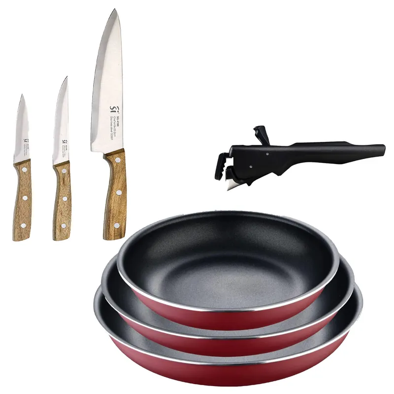 Bergner Click&Cook juego de 3 Sartenes Ø18Ø20Ø24cm Aluminio prensado rojo con Mango extraíble+Set de 3 cuchillos de acero inoxidable para cocina