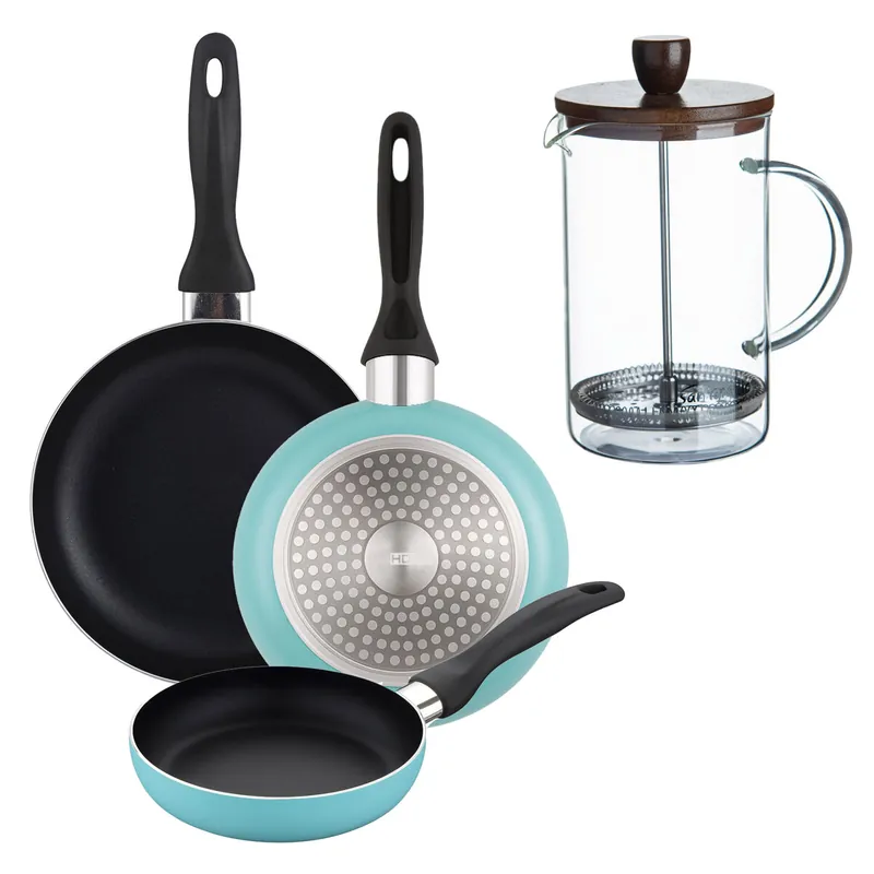 Well Home Set de 3 Sartenes Ø16Ø20Ø24cm de Aluminio prensado en Azul mate+Cafetera de émbolo de vidrio borosilicato 15,8x10x18,8cm - Cocina