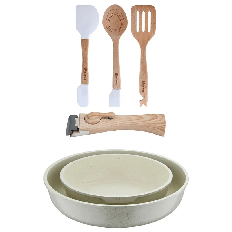 Bergner Click&Cook Juego de 2 Sartenes Ø22Ø26cm Aluminio fundido Blanco con Mango desmontable+Juego de 3 Utensilios de cocina en silicona y madera
