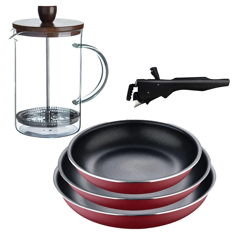 Bergner Click&Cook juego de 3 Sartenes Ø18Ø20Ø24cm Aluminio prensado rojo con Mango extraíble+Cafetera de émbolo de vidrio borosilicato - Cocina