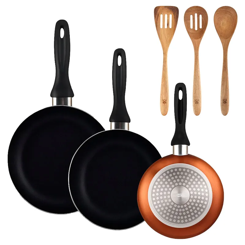 Well Home Set de 3 Sartenes Ø16Ø20Ø24cm de Aluminio prensado en Bronce metalizado+Set 3pcs utensilios de cocina acacia