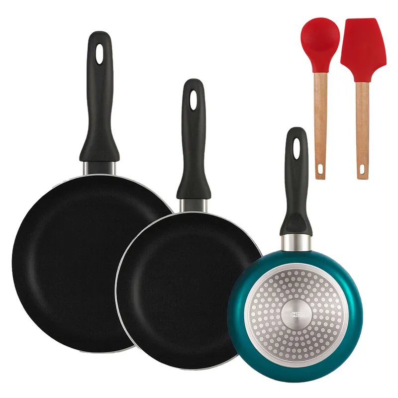 Well Home Set de 3 Sartenes Ø16Ø20Ø24cm de Aluminio prensado en Azul metalizado+Juego de 2 utensilios de cocina de silicona
