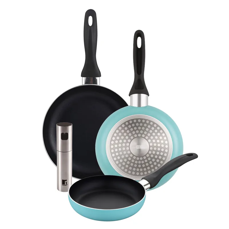 Well Home Set de 3 Sartenes Ø16Ø20Ø24cm de Aluminio prensado en Azul mate+Pulverizador de Aceite y vinagre Ø4x17,5cm en acero inoxidable - Cocina