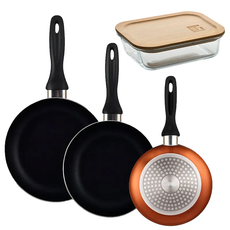 Well Home Set de 3 Sartenes Ø16Ø20Ø24cm de Aluminio prensado en Bronce metalizado+Hermético de 650ml en vidrio de borosilicato - Cocina