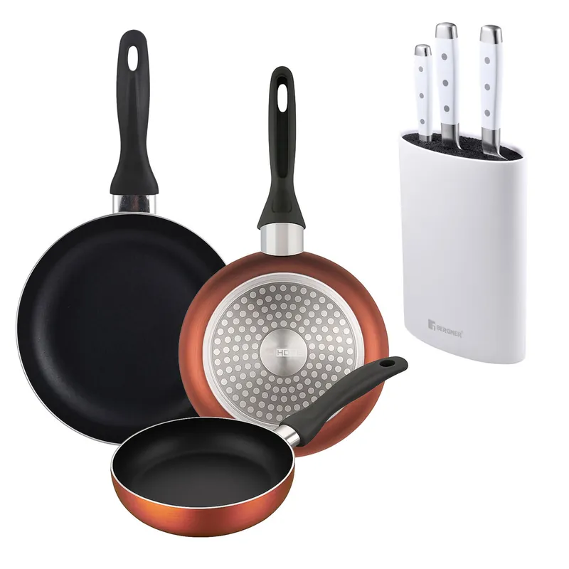 Well Home Set de 3 Sartenes Ø16Ø20Ø24cm de Aluminio prensado en Cobre metalizado+Juego de 3 Cuchillos de acero inoxidable + Tacoma en color Blanco - Cocina
