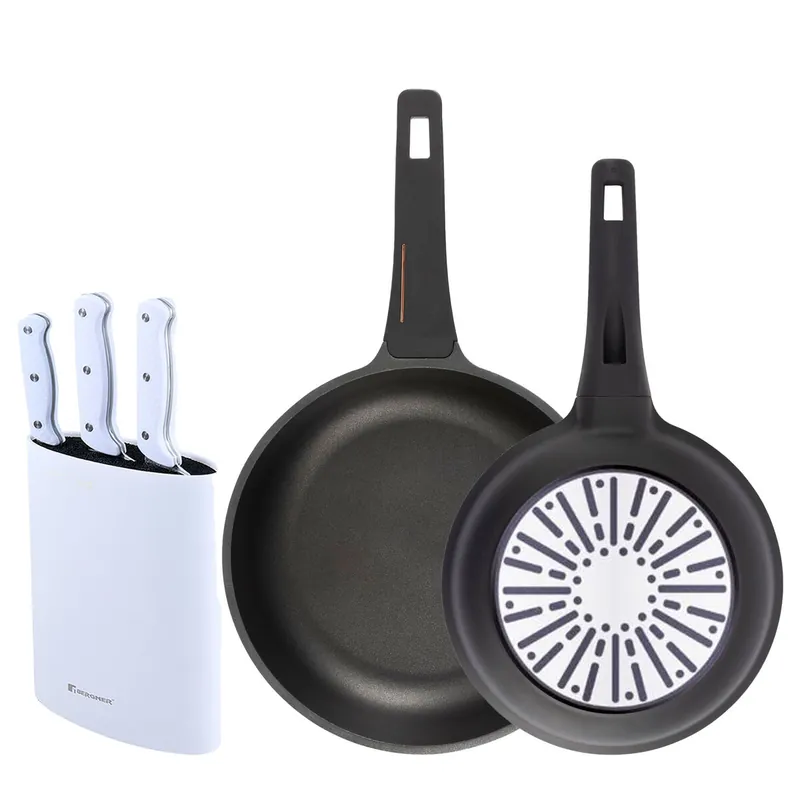 Bergner Juego de 2 Sartenes Ø24Ø28cm en aluminio fundido con mango de baquelita+Set de 3 Cuchillos con Tacoma en Acero inoxidable - Cocina