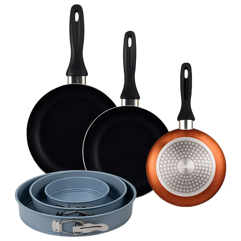 Well Home Set de 3 Sartenes Ø16Ø20Ø24cm de Aluminio prensado en Bronce metalizado+Juego de 3 moldes de horno redondos Ø12Ø18Ø22cm - Cocina