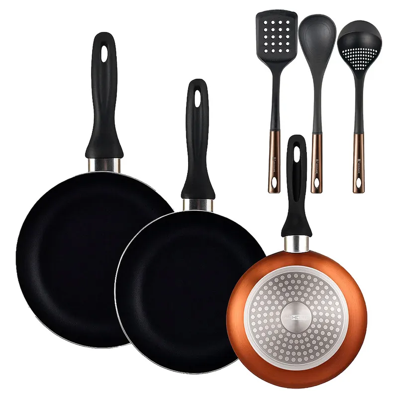 Well Home Set de 3 Sartenes Ø16Ø20Ø24cm de Aluminio prensado en Bronce metalizado+ Set de 3 Utensilios de cocina de PBT negro y cobre