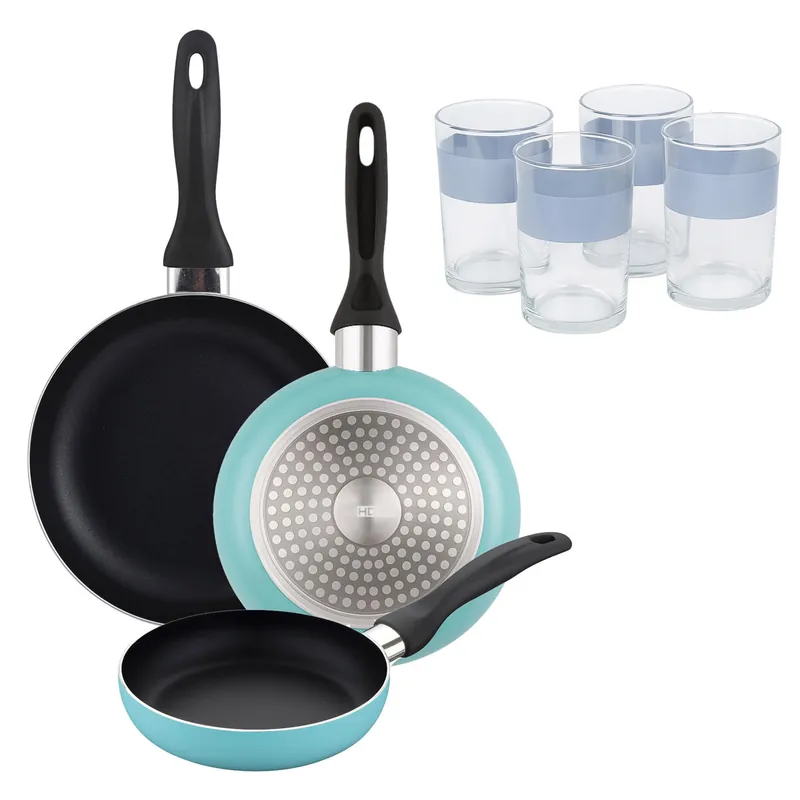 Well Home Set de 3 Sartenes Ø16Ø20Ø24cm de Aluminio prensado en Azul mate+Juego de 4 Vasos de 0,5L - Cocina