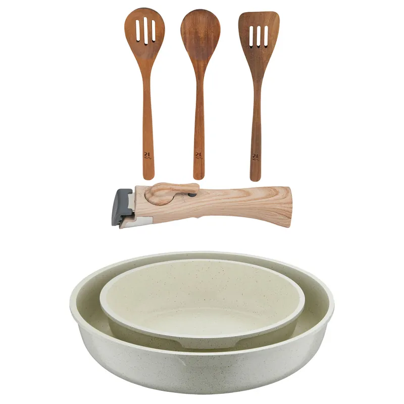Bergner Click&Cook Juego de 2 Sartenes Ø22Ø26cm Aluminio fundido Blanco con Mango desmontable+Set 3pc utensilios cocina madera acacia