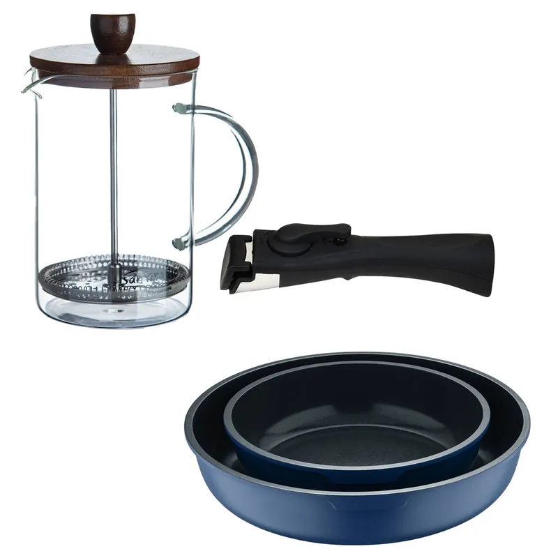 Bergner Click&Cook Juego de 2 Sartenes Ø22Ø26cm Aluminio fundido Azul con Mango desmontable+Cafetera de émbolo de vidrio borosilicato 15,8x10x18,8cm - Cocina